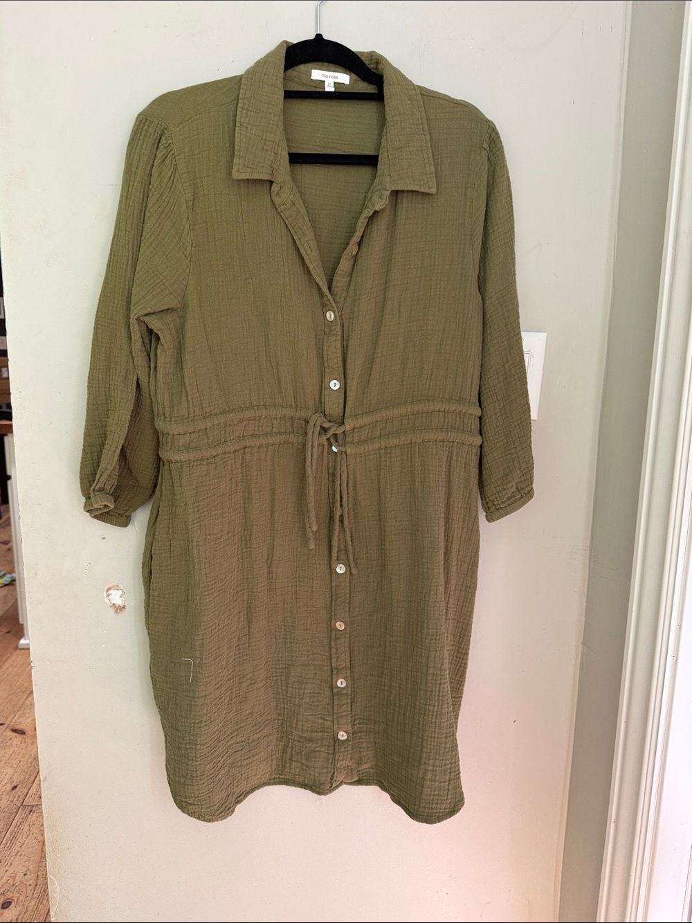 Double gauze Olive Drawstring Button-Front Shirt Dress xxl